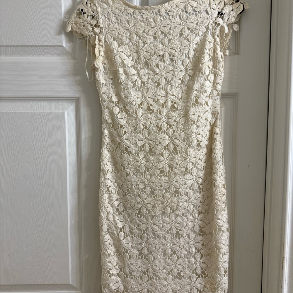 Cache Cream Sheath Dress with Cap Sleeves and Bateau Neckline